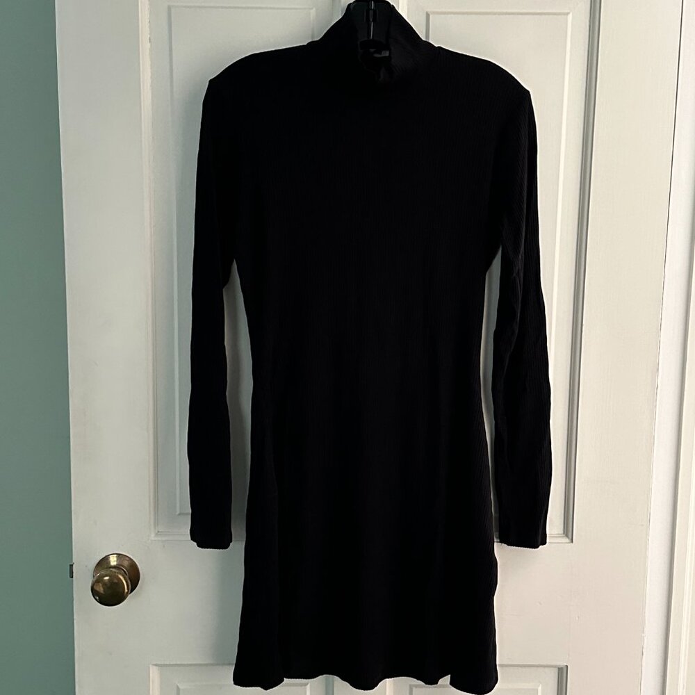 Reformation Mock Neck Black Ribbed Long Sleeve Dress - Large